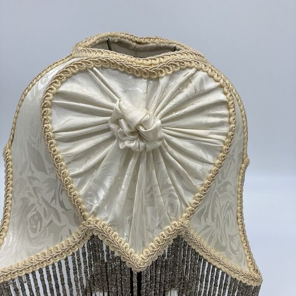 VTG Dale Tiffany Lamp Shade Cream Heart Glass Beaded Fringe Boudoir Romantic - Picture 2 of 16